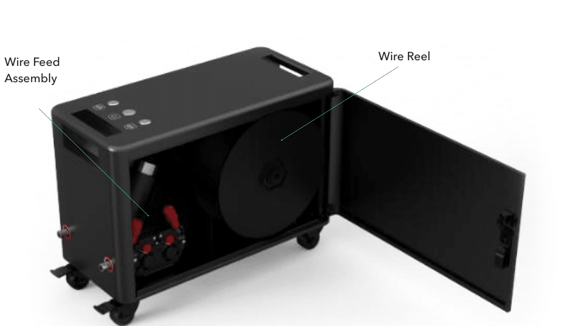 TD1 open cabinet showing wire feed assembly and wire reel